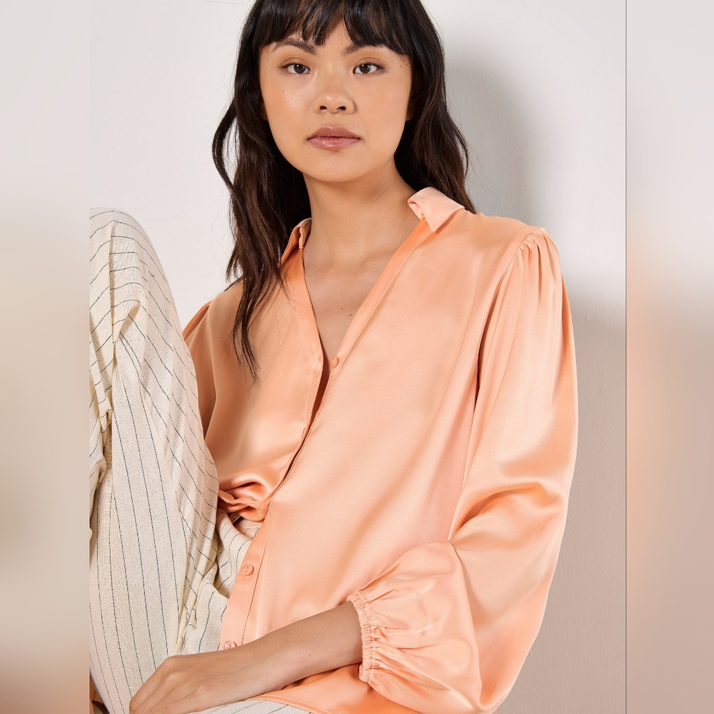 Peach Satin V Neck Collared Blouse - Picture 11 of 12